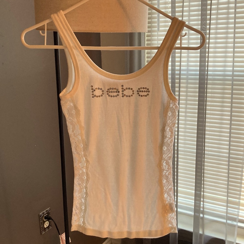 bebe White Lace-Trim Tank Top with Crystal Logo